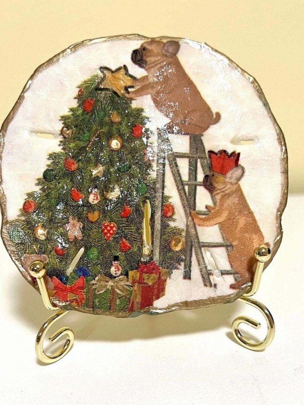 Christmas Pug Dogs Genuine Sand Dollar with Stand